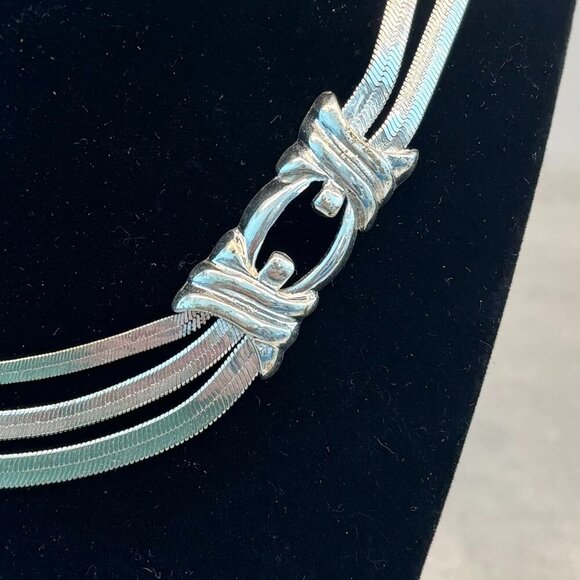 Crown Trifari Vintage Necklace - Multi-chain Herringbone - Silver Tone - Picture 2 of 3